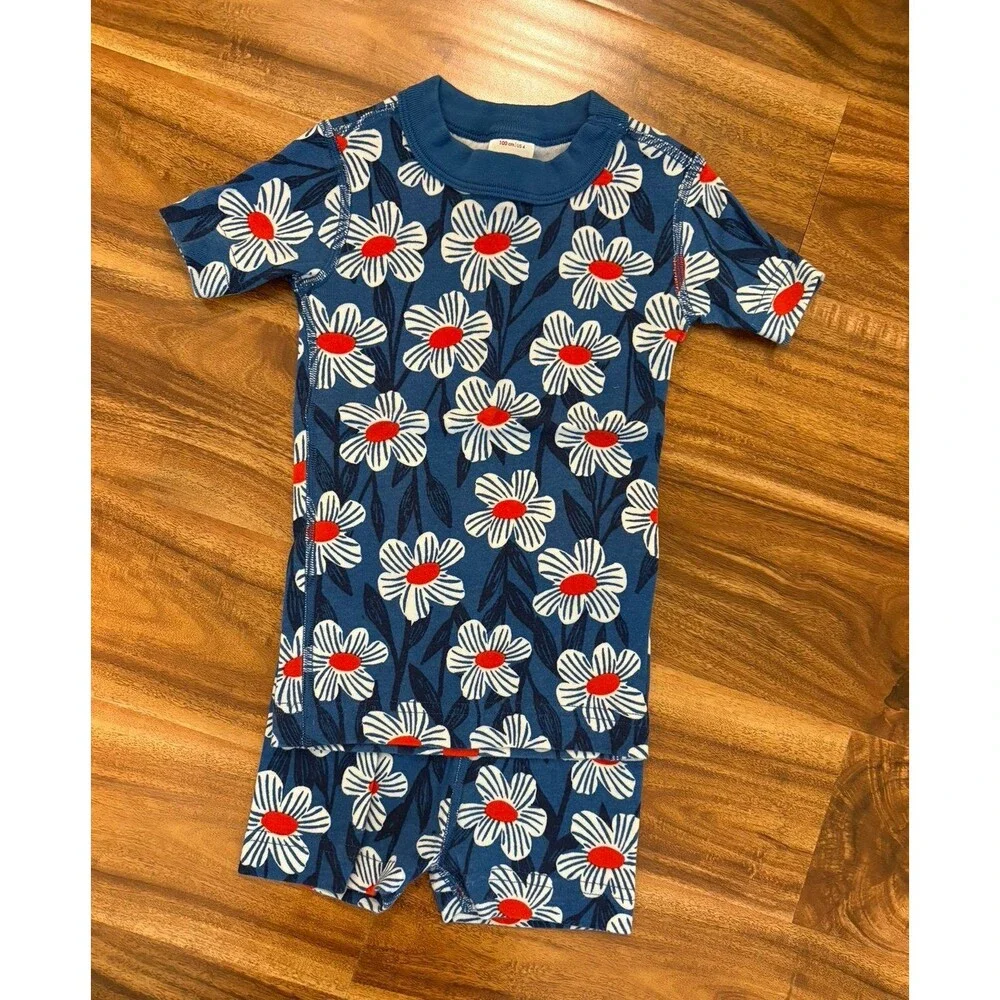 Hanna Andersson Short Pajamas, Red, White and Blue Floral Print, Size 4T